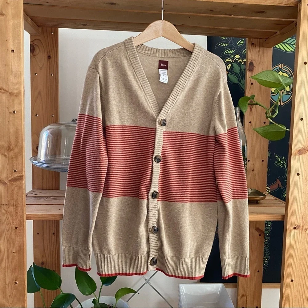 Tea Collection Tan Red Stripe Pima Cotton Cardigan Sweater
